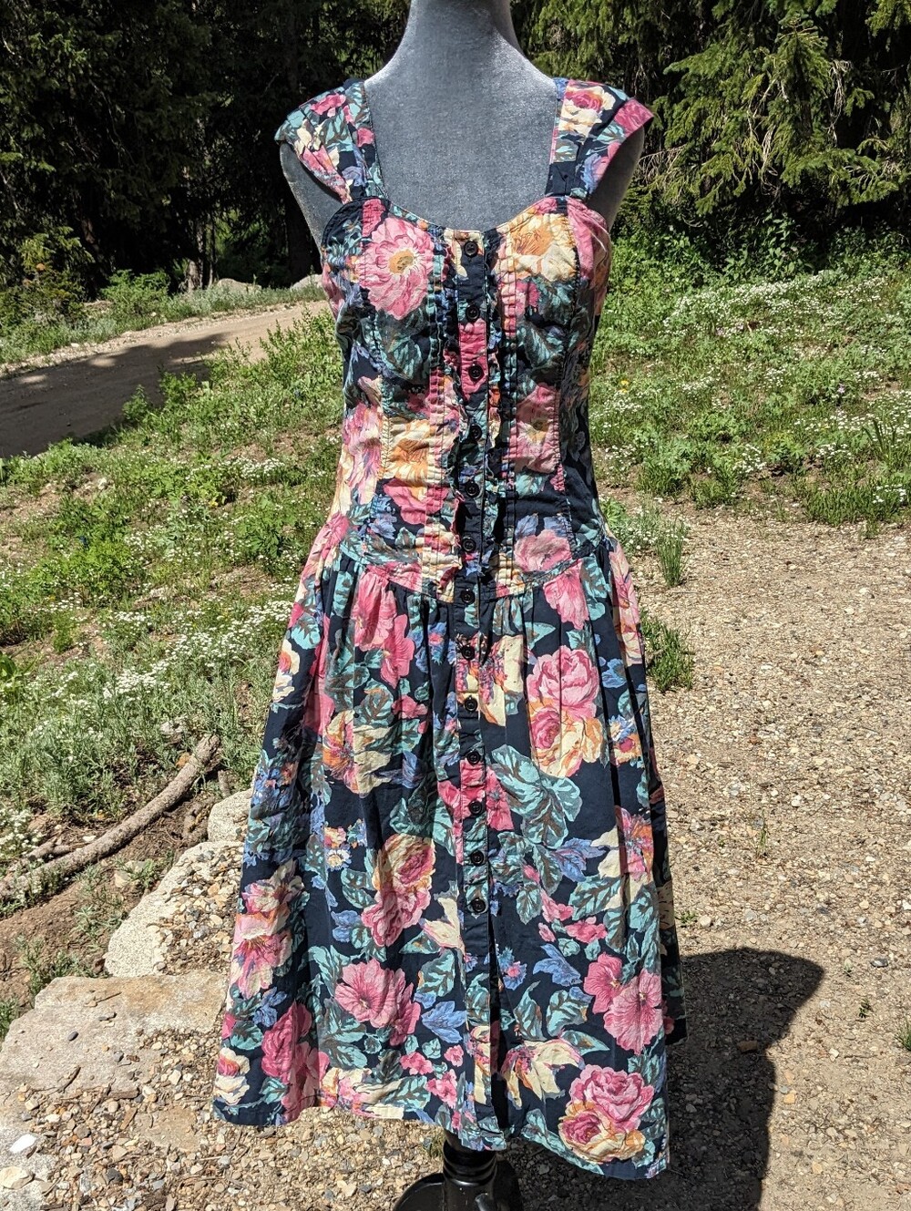 Vintage 90s Starina Floral Garden Dress M Cottagecore Button Front Corset Ruffle